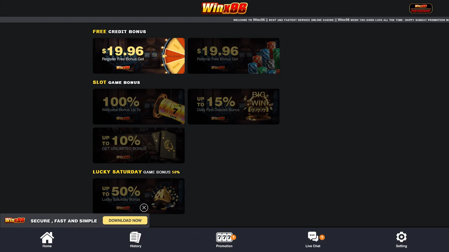Winx96 Casino promotions screen on a desktop computer