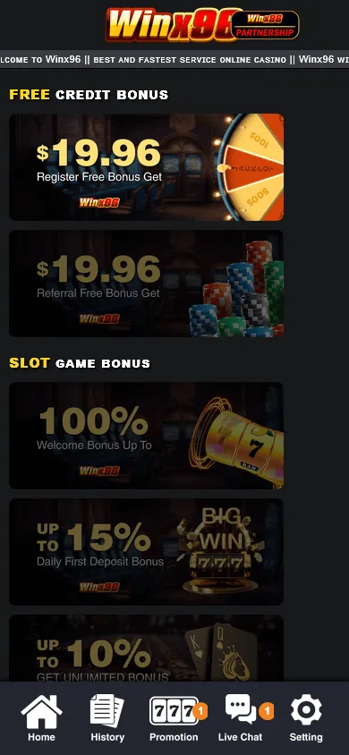 Winx96 Casino promotions screen on a mobile phone