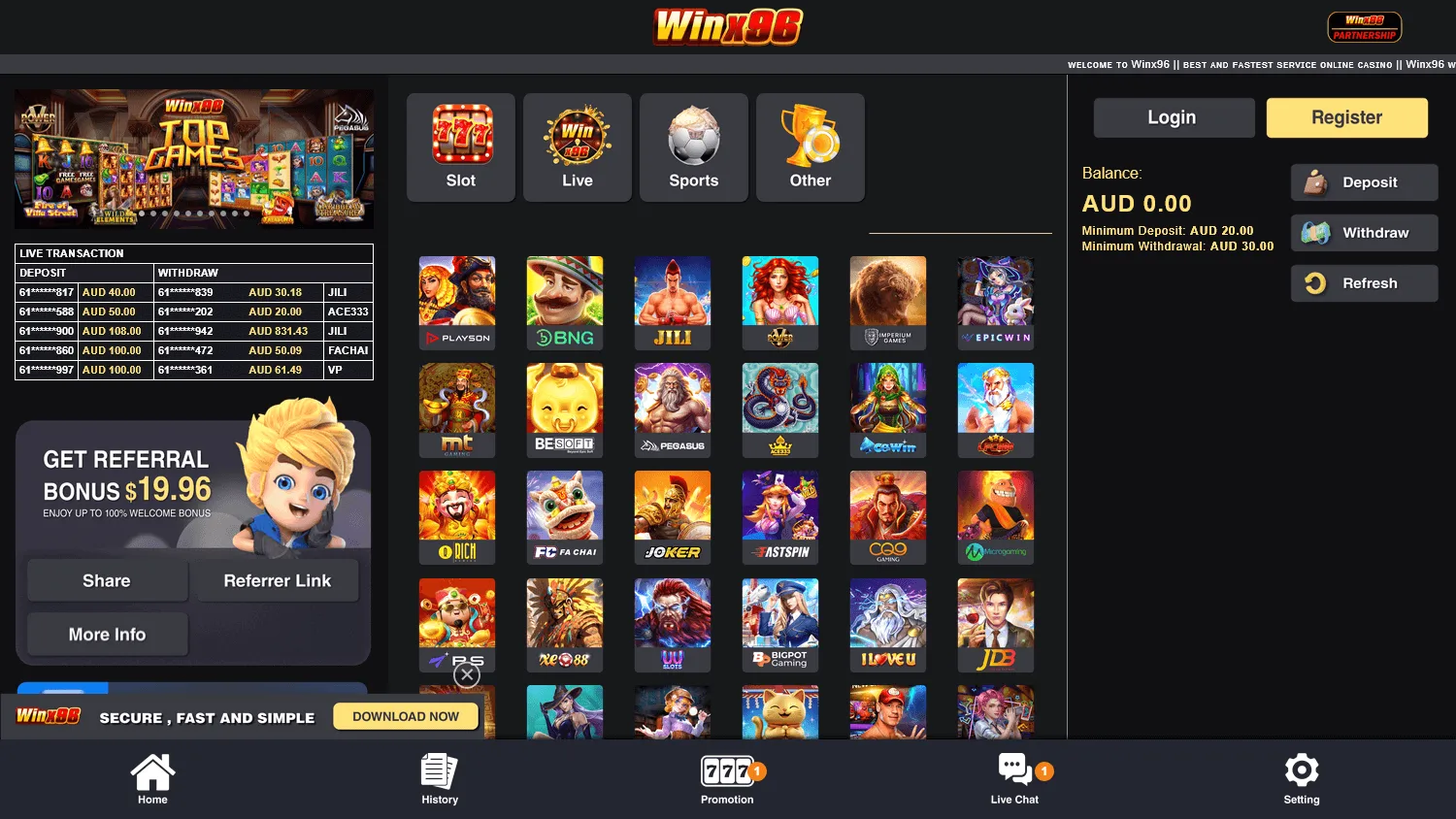 Winx96 Casino home screen on a desktop computer