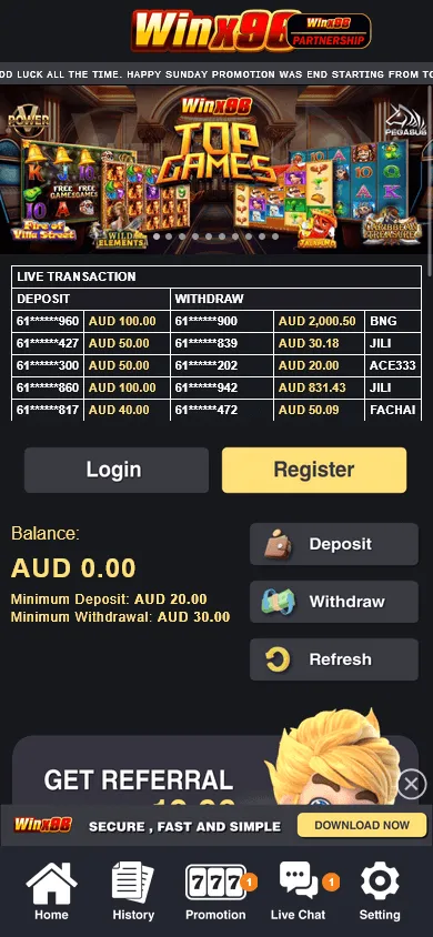 Winx96 Casino home screen on a mobile phone